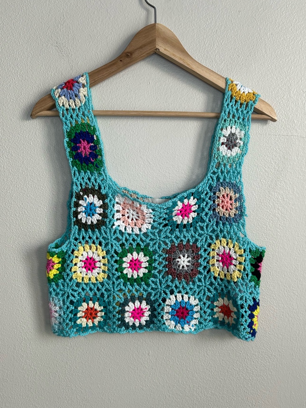 Altar'd State Crochet Granny Square Floral Turquoise Crop Tank Top One Size